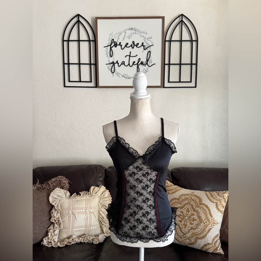 Vintage Nan Flower Floral Black Lace & Red Ribbon Camisole Top Size M